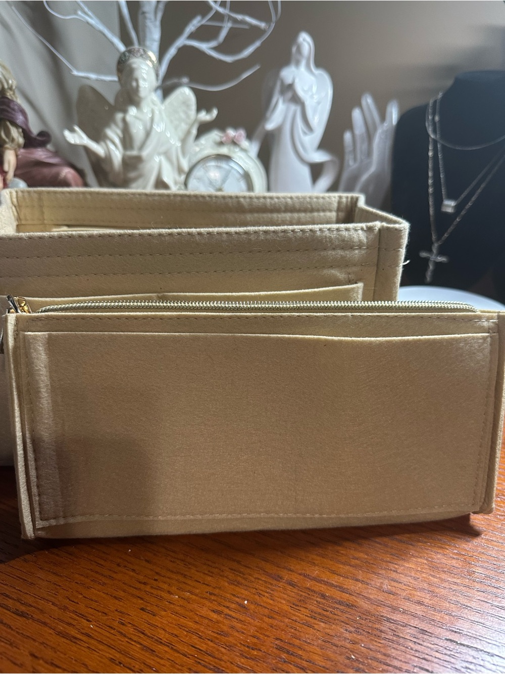 Beige Tote Organizer Insert with Zippered Pocket